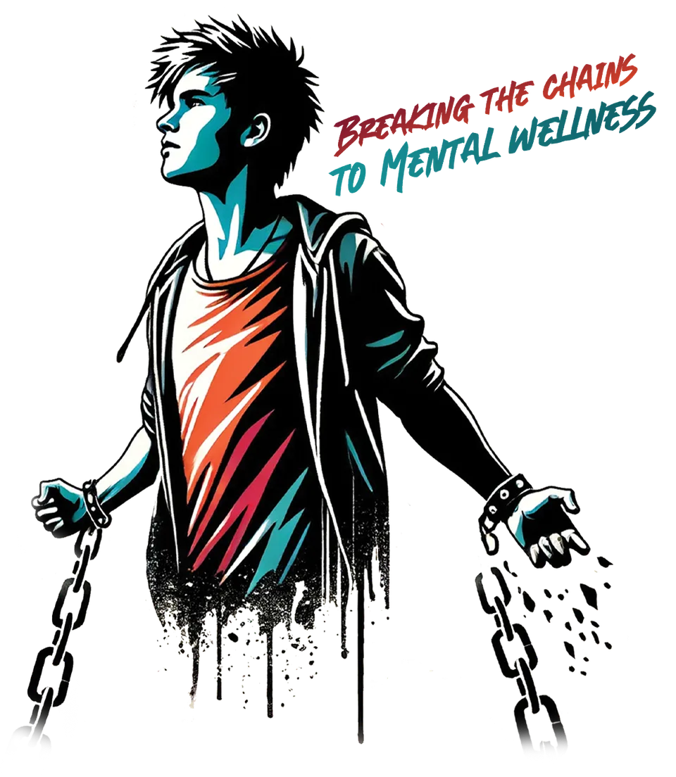 Street-art stencil illustration of a teen breaking free of chains — Mind Dojo Teens artwork.