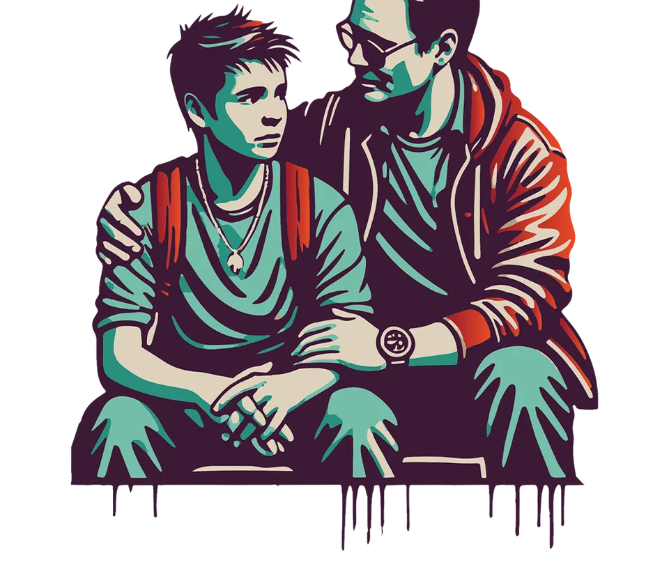 Street-art stencil illustration of a parent with an arm around their teen.